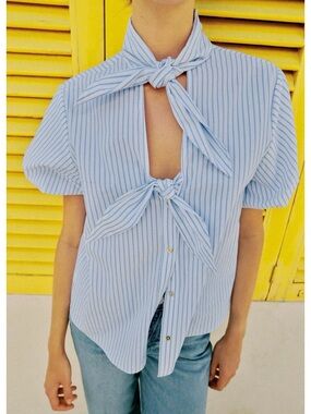 Zara Blue and White Striped Tie-Detail Button Down Top